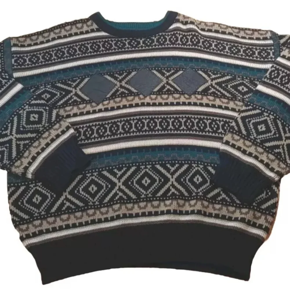 Vtg Impact Sweater Men XL Leather Patches Geometric Eclectic Grampa Ski Crewneck